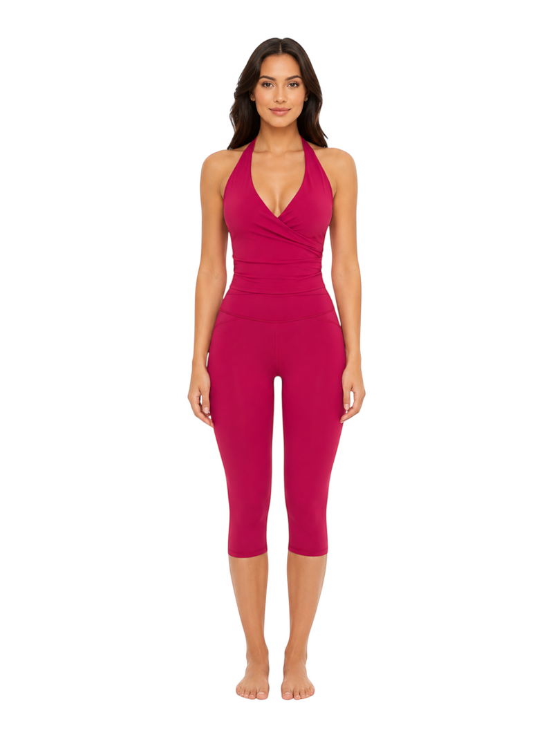 Ninety Nine Berry Blush set featuring a fitted V-neck halter top and matching mid-calf leggings in deep berry nylon