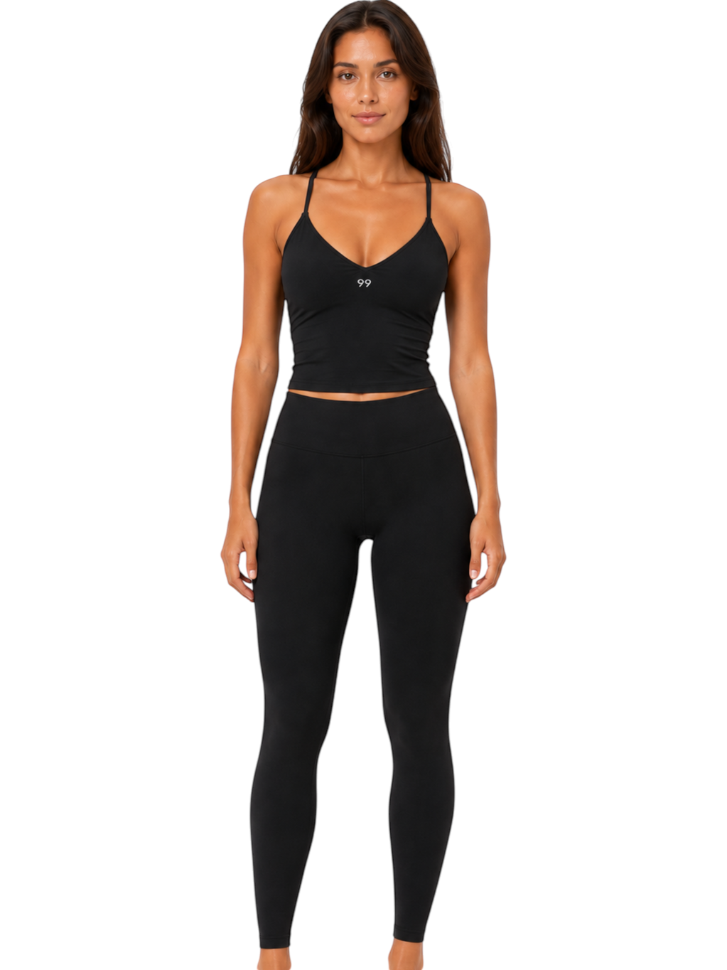 Ninety Nine black Tempo set featuring a sculpting tank top and high-waisted leggings in buttery soft stretch fabric.