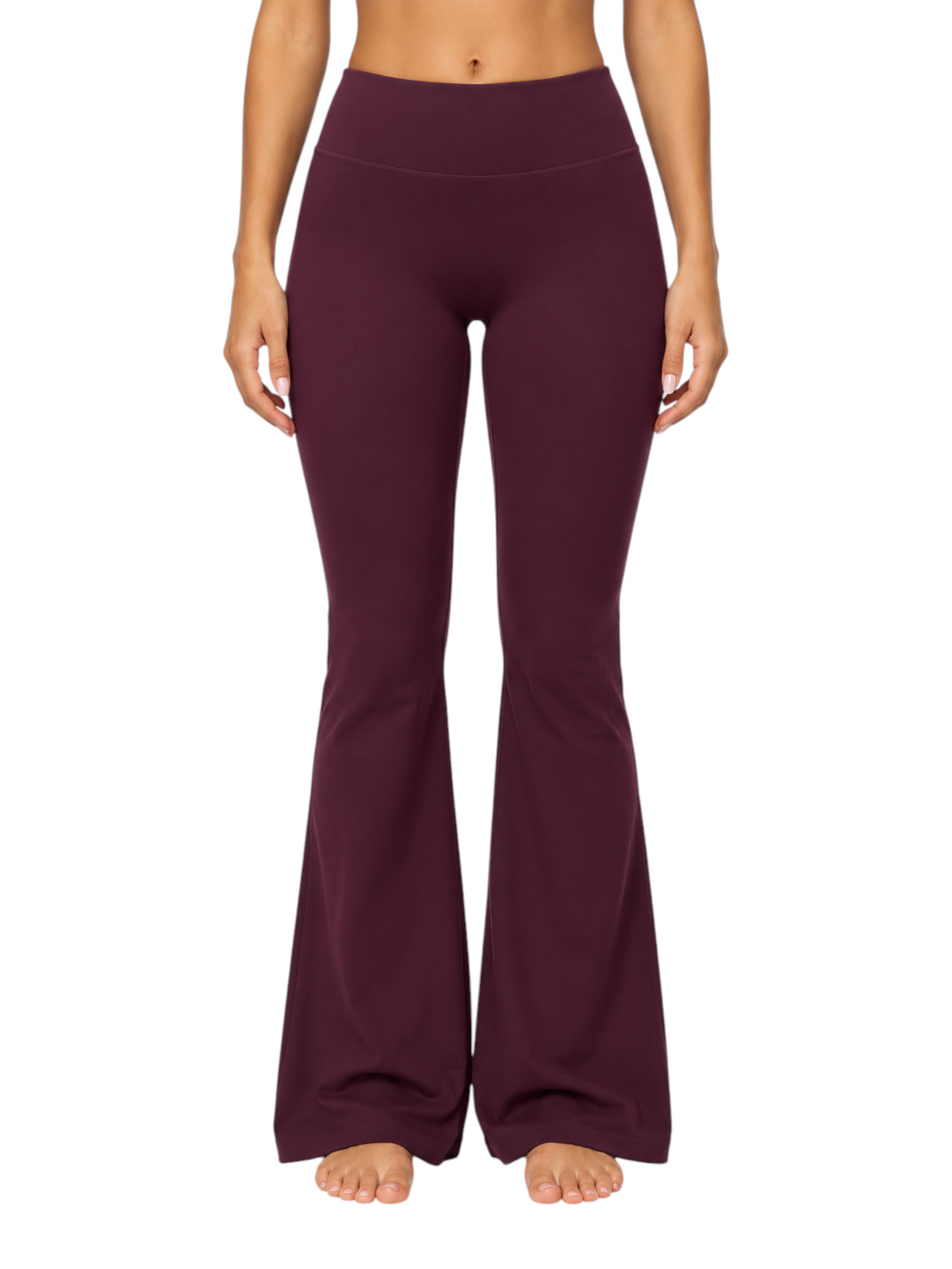 Ninety Nine high-waisted dark purple flare leggings made of stretchy nylon-spandex fabric on a model.