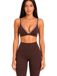 Ninety Nine Choco Blush set featuring a chocolate brown V-neck sports bra with blush trim and high-waisted leggings.