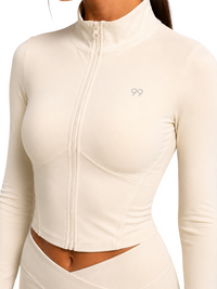 Ninety Nine Vanilla Sculpt cream zip-up jacket with long sleeves and subtle logo detail on chest