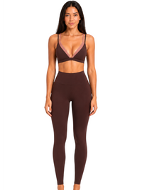 Ninety Nine Choco Blush set featuring chocolate brown high-waisted leggings and a deep V-neck top with blush panels.