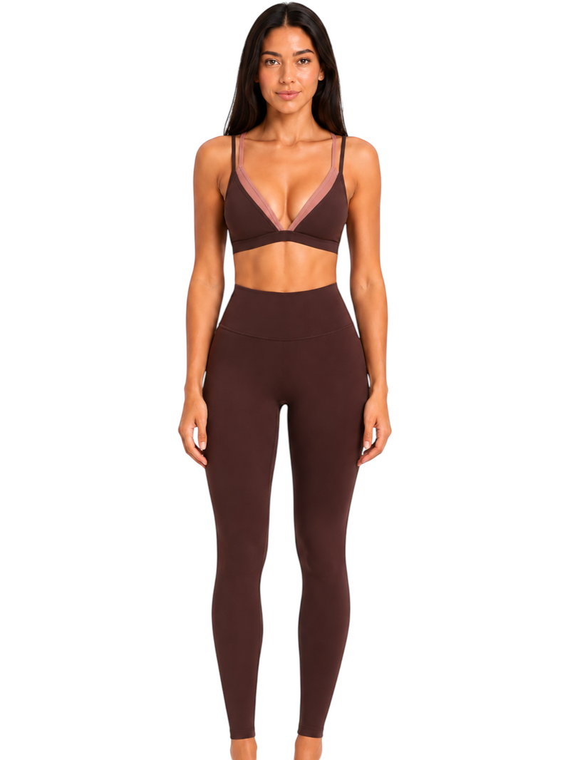 Ninety Nine Choco Blush set featuring chocolate brown high-waisted leggings and a deep V-neck top with blush panels.