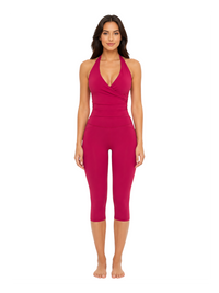 Ninety Nine Berry Blush set featuring a fitted V-neck halter top and matching mid-calf leggings in deep berry nylon
