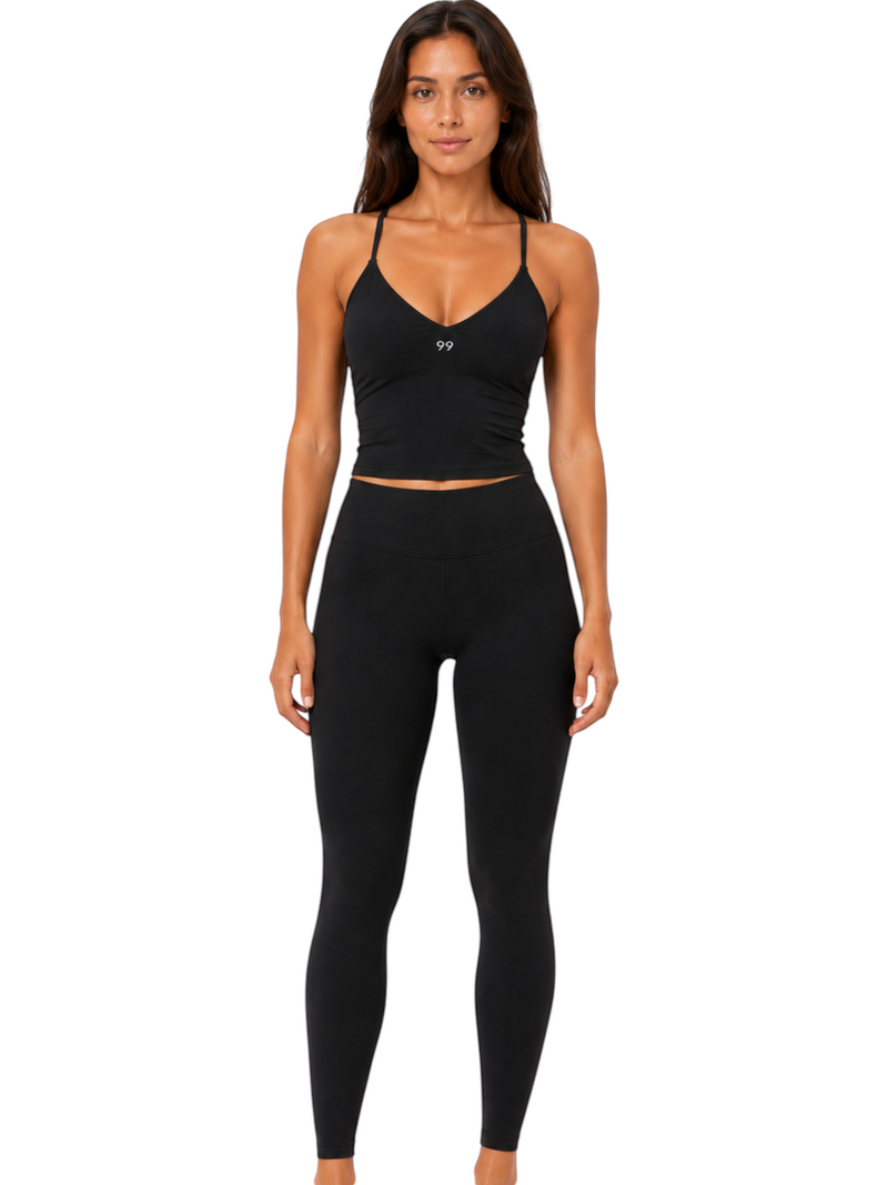 Ninety Nine black Tempo set featuring a sculpting tank top and high-waisted leggings in buttery soft stretch fabric.