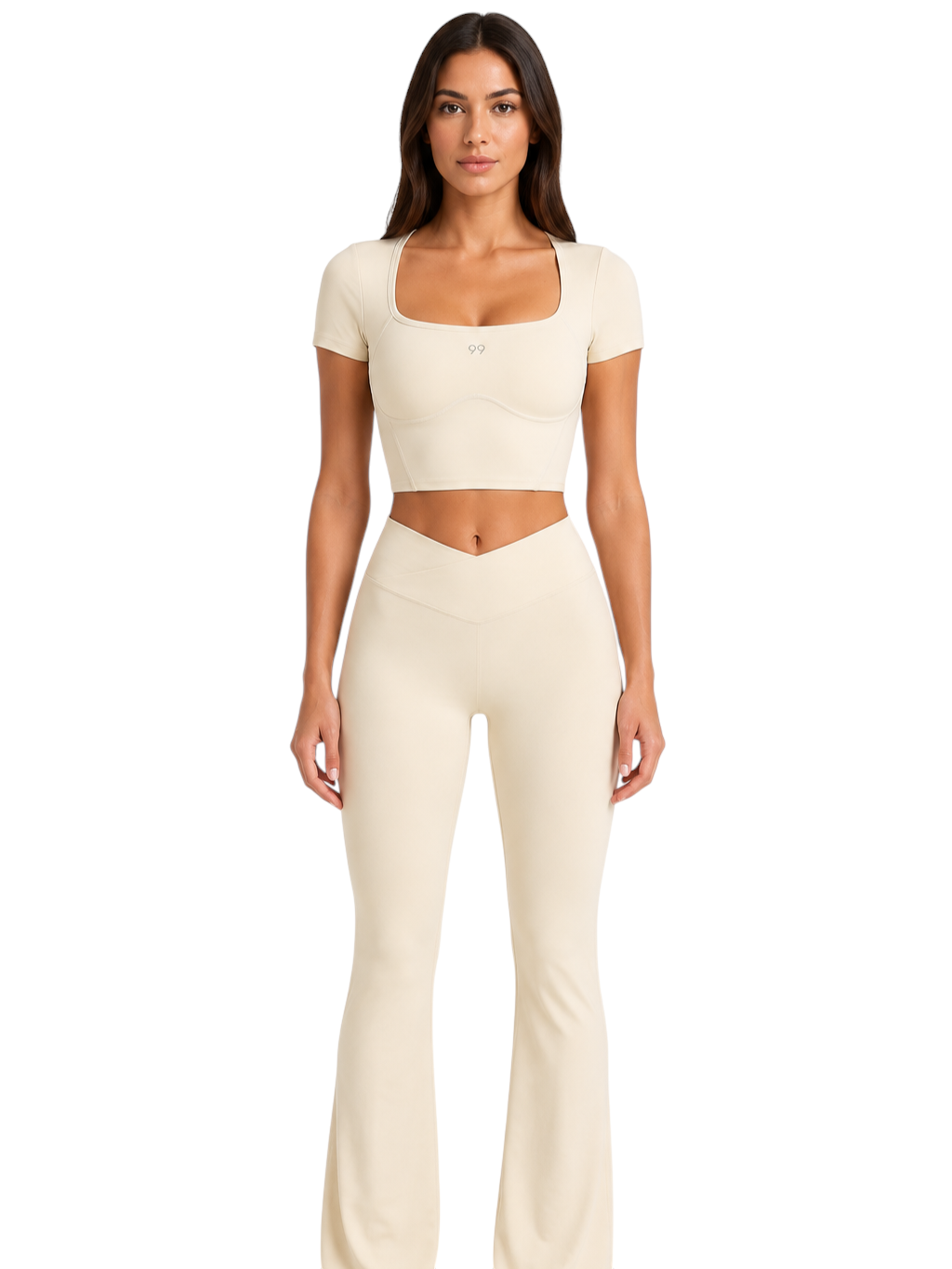 Ninety Nine Vanilla Sculpt three-piece set featuring a cream square-neck crop top and high-waisted V-cut flare leggings