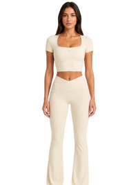 Ninety Nine Vanilla Sculpt three-piece set featuring a cream square-neck crop top and high-waisted V-cut flare leggings
