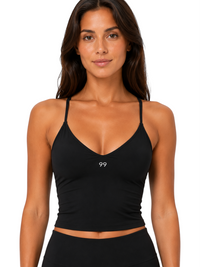 Ninety Nine Black Tempo Set featuring a sculpting, buttery soft nylon-spandex crop top with thin straps.
