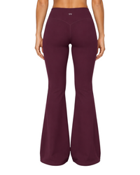 Ninety Nine dark purple high-waisted flare leggings with a fitted silhouette and breathable stretch fabric.