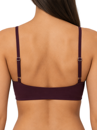 Ninety Nine dark purple crop top with slim adjustable straps and a fitted back view on a model