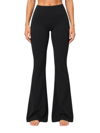 Ninety Nine black high-waisted flare leggings made of stretchy nylon-spandex fabric, worn by a model.