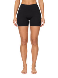 Ninety Nine Sculpt Shorts in black featuring a high-rise waistband and stretchy nylon-spandex fabric on a model.