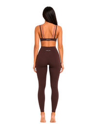 Ninety Nine Choco Blush set featuring chocolate brown high-waisted leggings and a V-neck top with blush back straps.