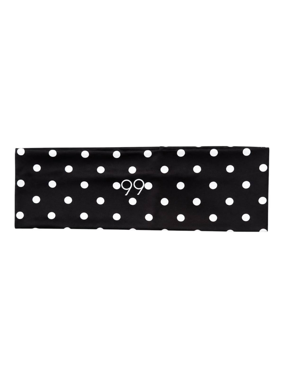Ninety Nine wide non-slip headband in black with white polka dots and centered logo