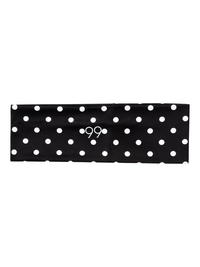 Ninety Nine wide non-slip headband in black with white polka dots and centered logo