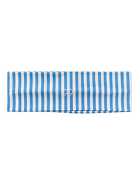 Ninety Nine wide non-slip headband in blue and white stripes with a centered logo on a white background