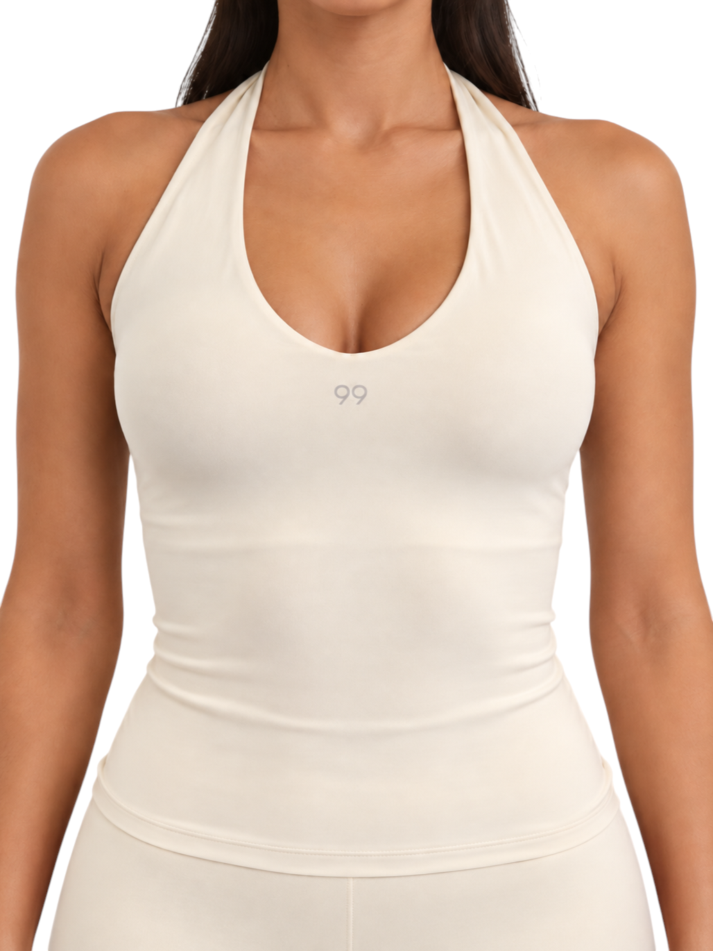 Ninety Nine vanilla halter top with a deep scoop neckline and fitted silhouette in breathable stretch nylon fabric.