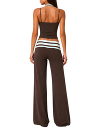 Ninety Nine Retro Stripe Set featuring a brown halter top and wide-leg pants with striped waistband, back view.