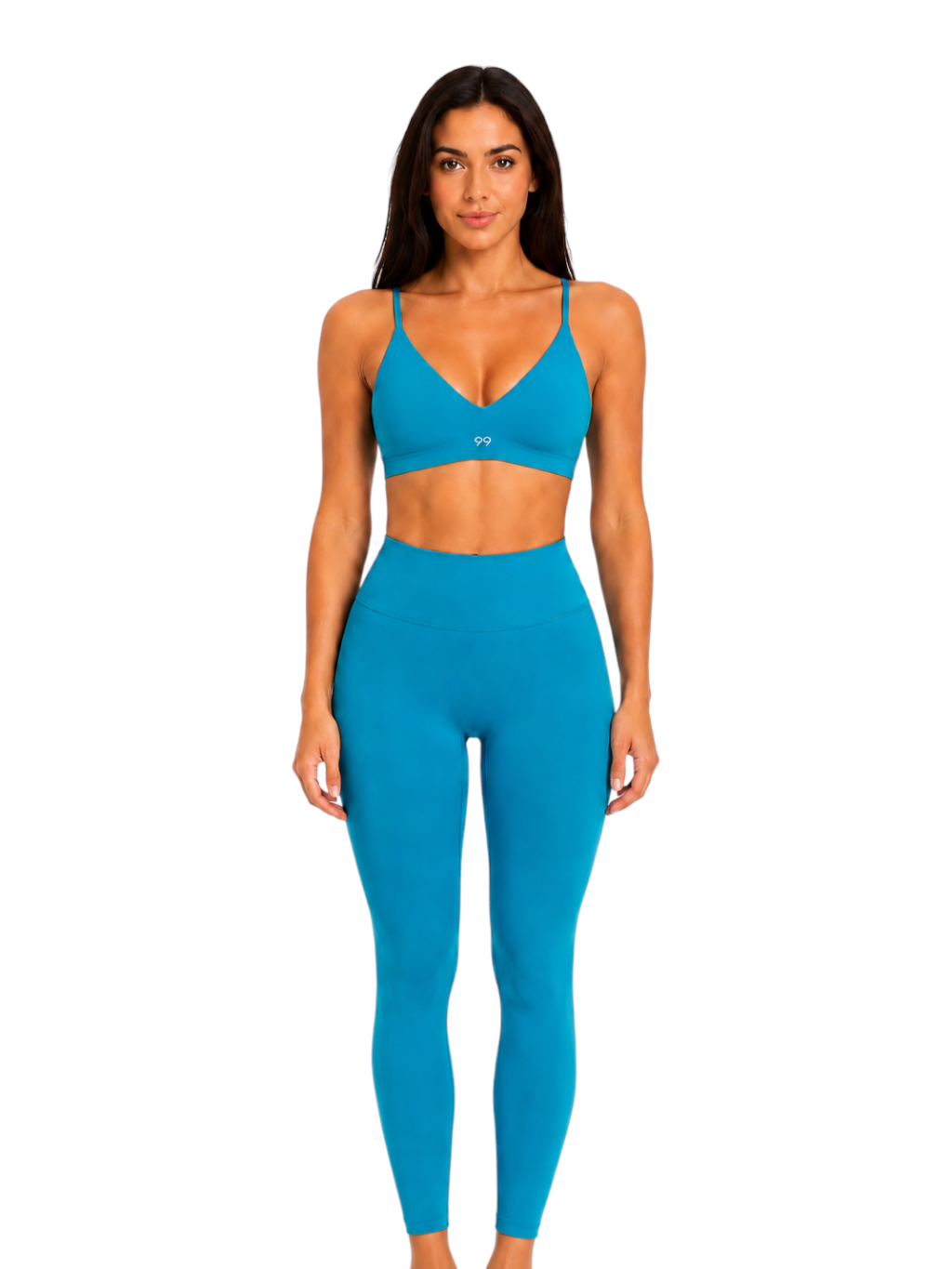Model wearing a Ninety Nine Aqua Muse set featuring a bright aqua blue V-neck crop top and matching high-waisted leggings